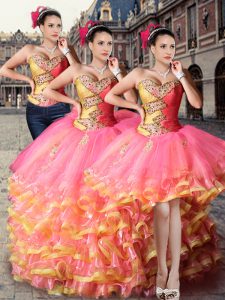 Superior Coral Red Lace Up 15 Quinceanera Dress Beading and Ruffled Layers Sleeveless Court Train