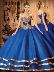 Enchanting Off The Shoulder Long Sleeves Sweep Train Lace Up Quinceanera Gown Royal Blue Organza