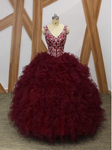 Ball Gowns Quinceanera Gown Burgundy V-neck Organza Sleeveless Floor Length Backless