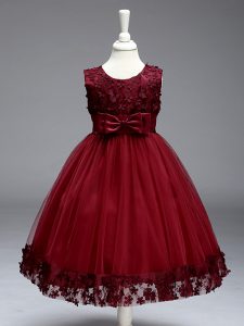 Fantastic Burgundy Tulle Zipper Scoop Sleeveless Knee Length Child Pageant Dress Lace and Bowknot