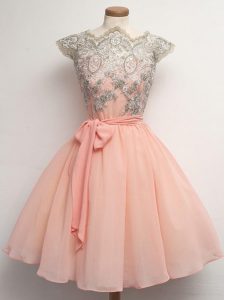 On Sale Peach Chiffon Zipper Scalloped Cap Sleeves Knee Length Quinceanera Court of Honor Dress Lace and Belt
