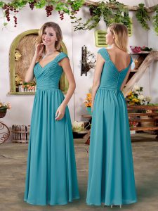 Teal Bridesmaid Dresses Prom and Party and Wedding Party with Ruching Straps Cap Sleeves Zipper