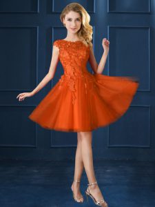 Knee Length Orange Red Quinceanera Court of Honor Dress Bateau Cap Sleeves Lace Up