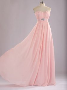 Baby Pink Zipper Vestidos de Damas Beading and Ruching Sleeveless Floor Length