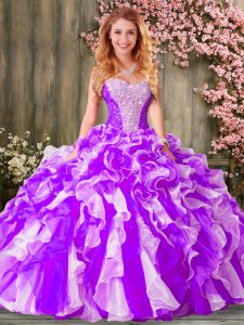 Eggplant Purple Ball Gowns Sweetheart Sleeveless Organza Floor Length Lace Up Beading and Ruffles Quinceanera Gowns