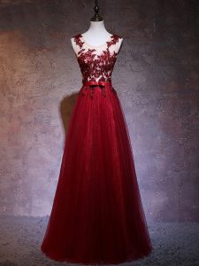 Exquisite Wine Red Sleeveless Floor Length Appliques Backless Dress for Prom