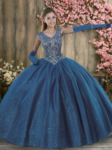 Blue Ball Gowns Tulle V-neck Sleeveless Beading Floor Length Zipper Sweet 16 Dresses