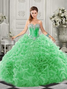Green Ball Gowns Beading and Ruffles 15th Birthday Dress Lace Up Organza Sleeveless