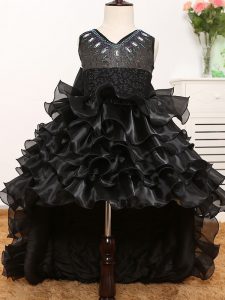 High Low Black Little Girls Pageant Dress Wholesale V-neck Sleeveless Zipper