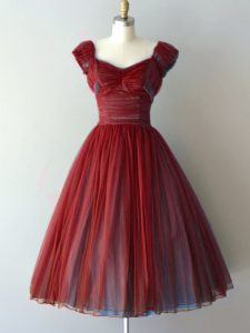 Rust Red Wedding Guest Dresses Prom and Party and Military Ball and Sweet 16 with Ruching V-neck Cap Sleeves Lace Up
