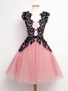 Pink A-line Tulle Straps Sleeveless Lace Knee Length Lace Up Damas Dress