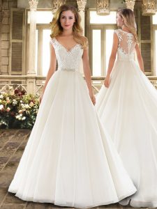 White Sleeveless Brush Train Lace Wedding Dress