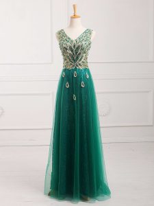 Dark Green Empire V-neck Sleeveless Tulle Floor Length Zipper Lace Prom Dress