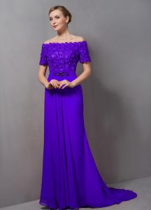 Hot Selling Empire Short Sleeves Purple Mother of Bride Dresses Sweep Train Zipper