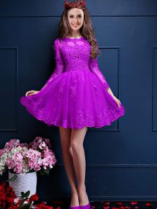 Captivating Eggplant Purple 3 4 Length Sleeve Chiffon Lace Up Bridesmaid Gown for Prom and Party