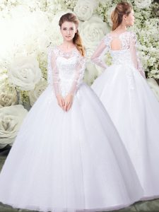 Exquisite White Ball Gowns Scoop Long Sleeves Tulle Floor Length Lace Up Lace Wedding Gowns