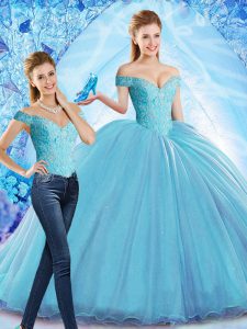 Clearance Baby Blue Quinceanera Gown Off The Shoulder Sleeveless Sweep Train Lace Up