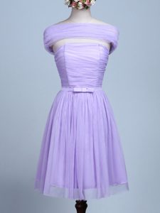 Inexpensive Lavender Strapless Neckline Belt Quinceanera Court of Honor Dress Sleeveless Side Zipper