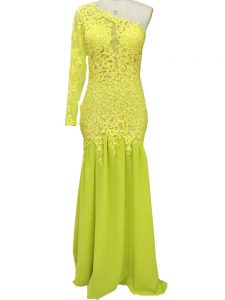 Yellow One Shoulder Neckline Lace and Appliques Mother of Groom Dress Long Sleeves Side Zipper