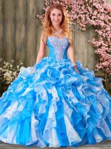 Dazzling Beading and Ruffles Quince Ball Gowns Baby Blue Lace Up Sleeveless Floor Length