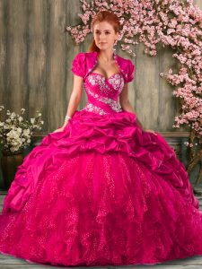 Sweetheart Sleeveless Lace Up Vestidos de Quinceanera Hot Pink Organza and Taffeta