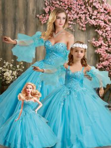 Aqua Blue Ball Gowns Organza Sweetheart Sleeveless Beading Floor Length Lace Up Quinceanera Gowns