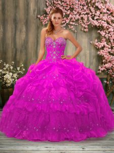 Fuchsia Sleeveless Floor Length Beading and Pick Ups Lace Up Sweet 16 Dress