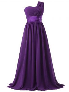 Superior Purple Sleeveless Floor Length Ruching Lace Up Vestidos de Damas