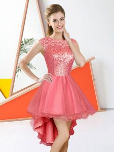 High Low Watermelon Red Bridesmaid Gown Organza Sleeveless Beading and Lace