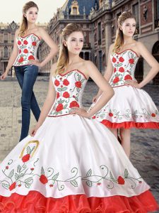 White And Red Organza and Taffeta Lace Up Sweetheart Sleeveless Floor Length Quinceanera Gowns Embroidery