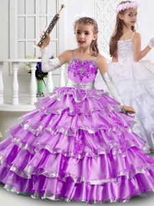 Organza Straps Sleeveless Lace Up Beading and Ruffled Layers Little Girls Pageant Dress in Lilac