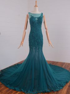 Sleeveless Beading and Lace and Appliques Zipper Celebrity Dresses with Teal Court Train