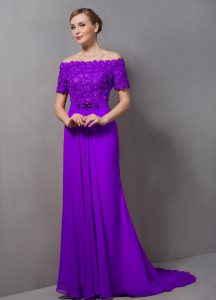 Eggplant Purple Mother of Bride Dresses Prom and Party with Lace Off The Shoulder Short Sleeves Sweep Train Zipper