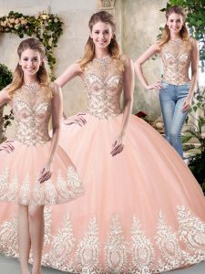 Fantastic Peach Three Pieces Beading and Lace and Appliques Quinceanera Gown Backless Tulle Sleeveless Floor Length