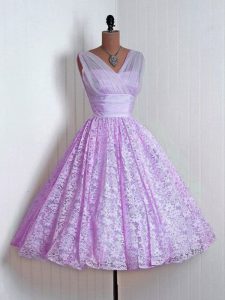 Lilac A-line V-neck Sleeveless Lace Mini Length Lace Up Lace Wedding Party Dress