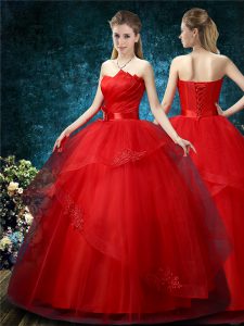 Sleeveless Floor Length Appliques Lace Up Wedding Dresses with Red
