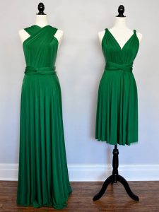 Top Selling Dark Green Chiffon Lace Up Halter Top Sleeveless Floor Length Bridesmaid Gown Ruching