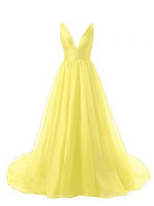 Custom Fit V-neck Sleeveless Brush Train Backless Dress for Prom Yellow Organza
