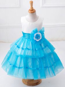 Gorgeous Sleeveless Zipper Tea Length Ruffled Layers and Hand Made Flower Little Girls Pageant Dress Wholesale