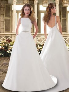 Bateau Sleeveless Brush Train Backless Wedding Dress White Satin
