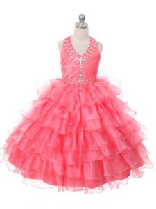 Glorious Floor Length Coral Red Little Girls Pageant Dress Wholesale Organza Sleeveless Beading and Ruffled Layers