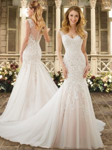 Colorful Tulle V-neck Sleeveless Brush Train Clasp Handle Lace Wedding Dresses in White