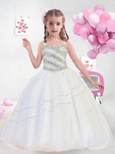 Ball Gowns Little Girls Pageant Dress White Straps Tulle Sleeveless Floor Length Lace Up