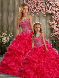 Sweetheart Sleeveless Organza Quinceanera Gown Beading and Ruffles Lace Up