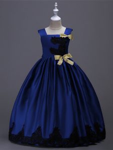 Floor Length Royal Blue Little Girl Pageant Gowns Taffeta Sleeveless Appliques and Bowknot