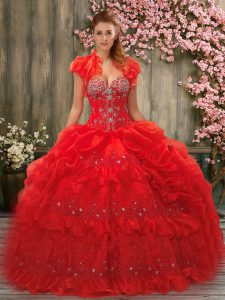 Sweetheart Sleeveless Quinceanera Dress Floor Length Beading and Pick Ups Red Organza
