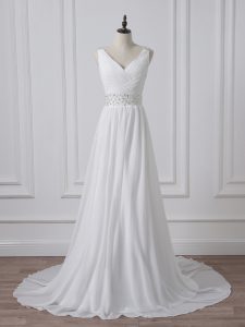 Glittering White Empire V-neck Sleeveless Chiffon Brush Train Backless Beading and Ruching Bridal Gown