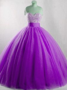 Eggplant Purple Sleeveless Floor Length Beading Lace Up Sweet 16 Dress