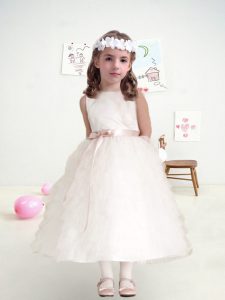 Tea Length Zipper Toddler Flower Girl Dress White for Wedding Party with Ruffles and Belt