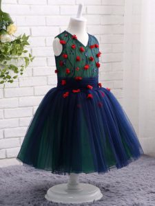 Sleeveless Knee Length Lace and Appliques Zipper Kids Pageant Dress with Navy Blue